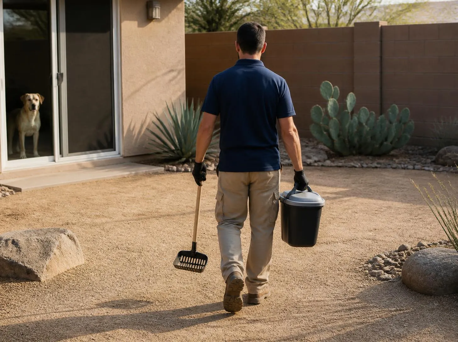 A technician cleaning a desert backyard