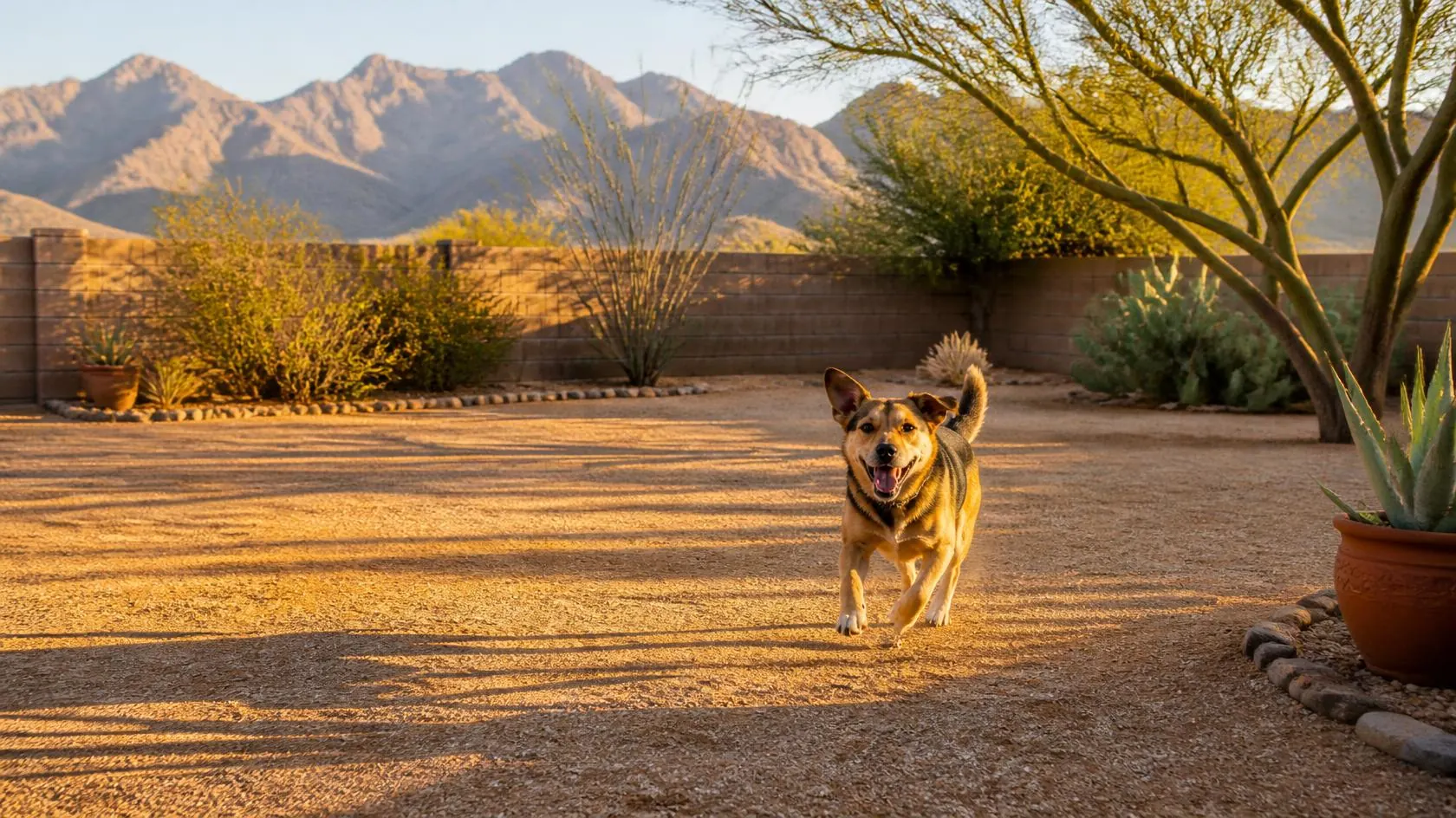 A happy dog running across a clean desert backyard in Tucson at sunset